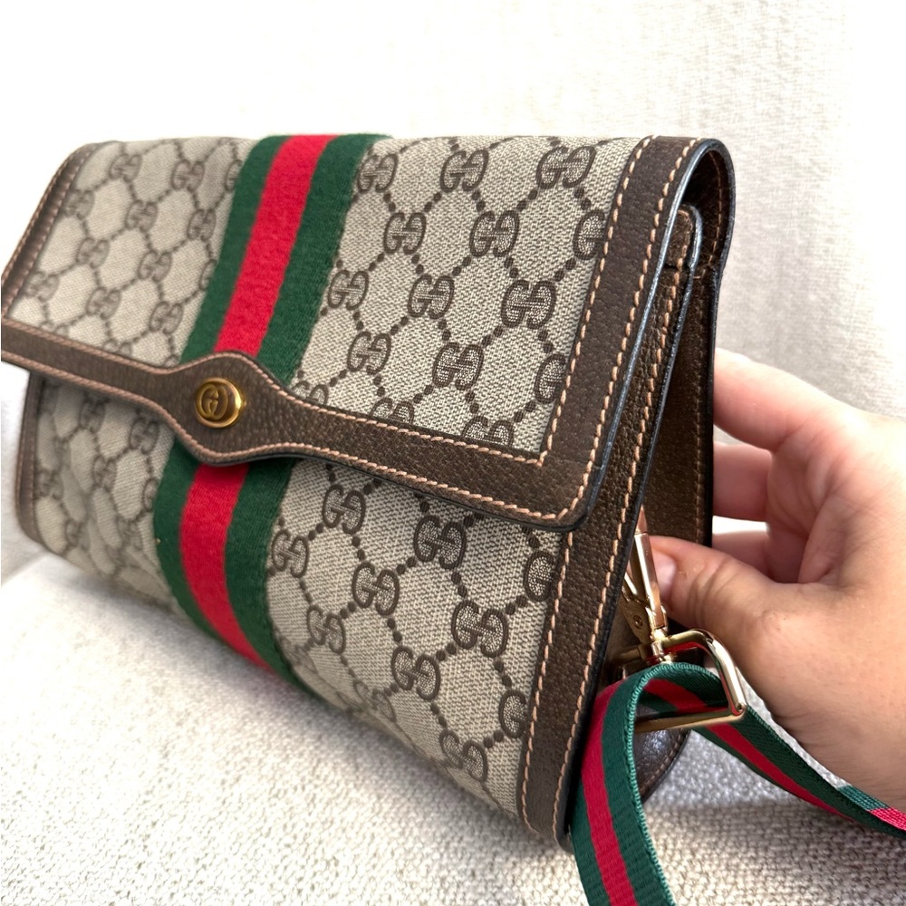 Gucci Beige GG Canvas Crossbody with Green and Red Web Stripe and Brown Trim - Picture 8 of 16